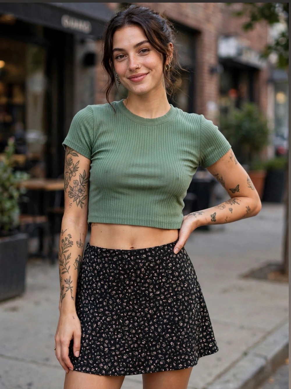 H&M Black Skater Skirt with Small Pink Floral Print